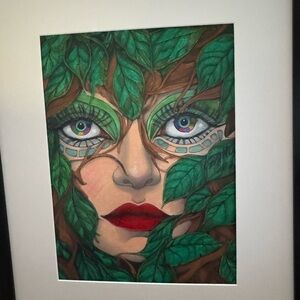 Green and Red Nature-Inspired Portrait Drawing. Loralai hiding in the forest.